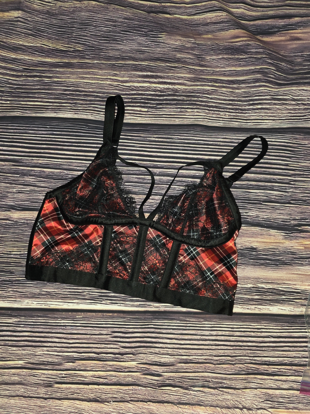 Victoria's Secret Black & Red Plaid Lace Longline Bralette